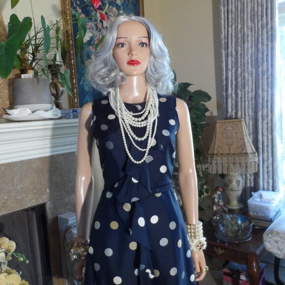 Kate Spade Navy Blue Multi Polka Dot Belted A Line Dress w/Front Ruffle Size 0 - Picture 7 of 16
